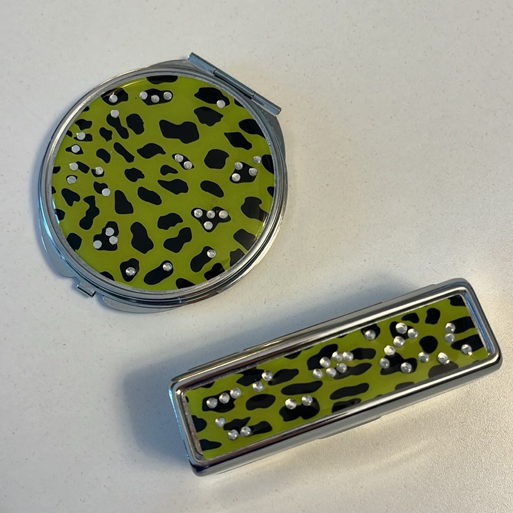 Sleek Green Black Rhinestone Animal Print Lipstick Holder and Compact Mirror